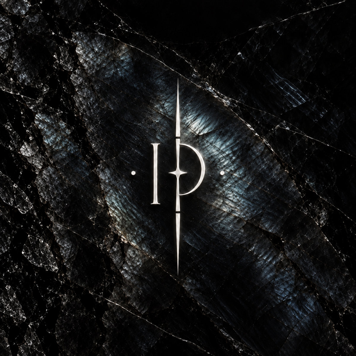 Silver Hologram People monogram over fractured black stone with blue-grey highlights.