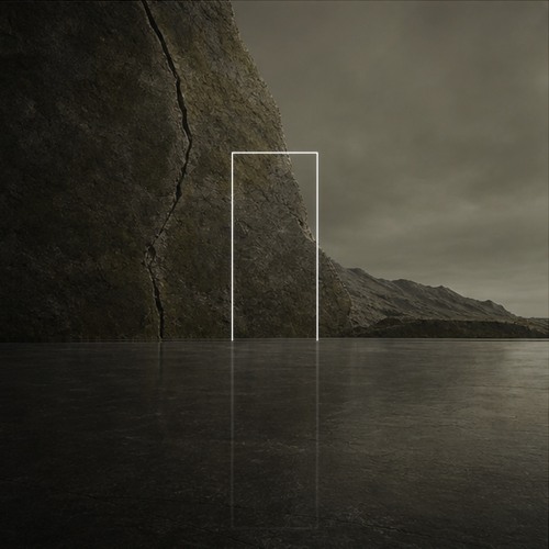 FATE THROUGH 004 SoundCloud cover: a rectangular portal at the edge of a dark cliff and reflective water beneath an olive-grey sky.